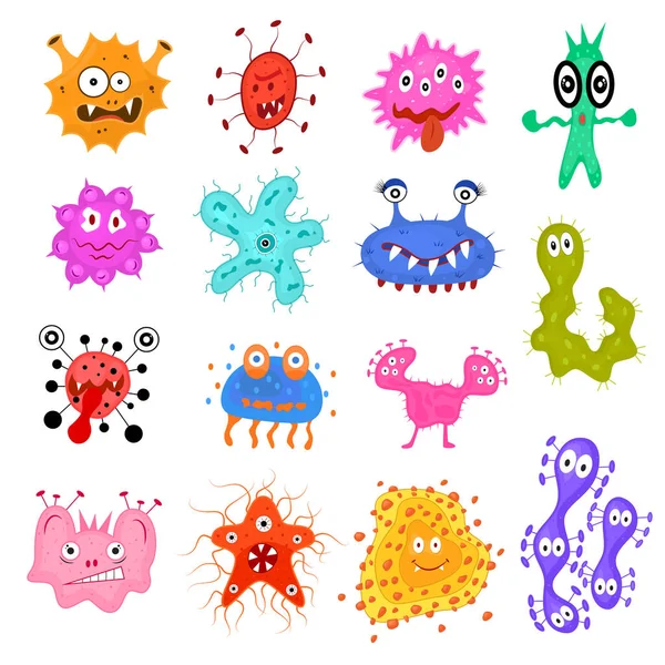 Cartoon Color Characters Bacteria Sign Icon Set. Vektor - Stok Vektor