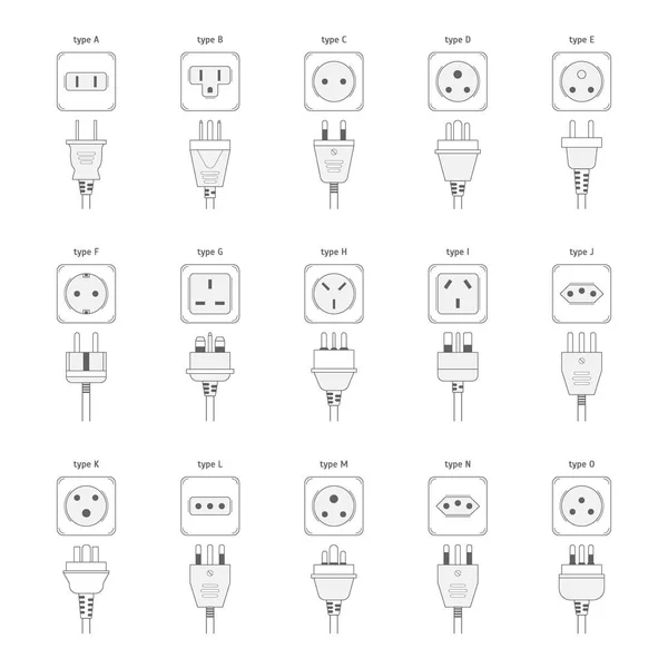 Elektrické zásuvky sada ikon značky černá tenká linie. Vektor — Stockový vektor