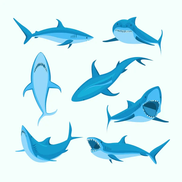 Cartoon Blue Characters Shark Sign Icon Set. Vettore — Vettoriale Stock