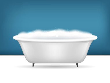 Gerçekçi 3d banyo küvet köpük kartı posteri ile ayrıntılı. Vektör