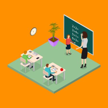 Okul eğitim kavramı 3d izometrik görünümü. Vektör