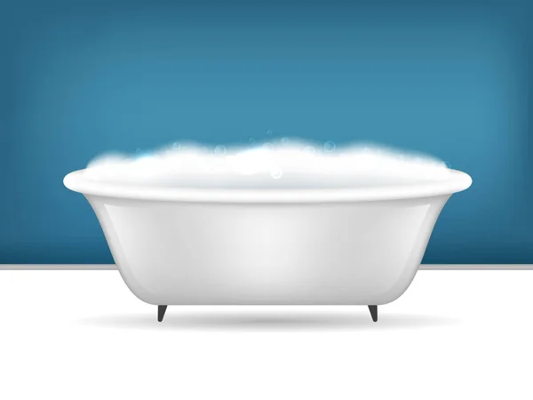 Bañera de baño 3d detallada realista con cartel de tarjeta de espuma. Vector — Vector de stock