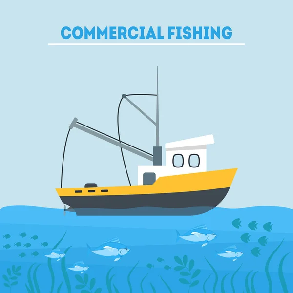 Cartel de dibujos animados de pesca comercial en la tarjeta del mar. Vector — Vector de stock
