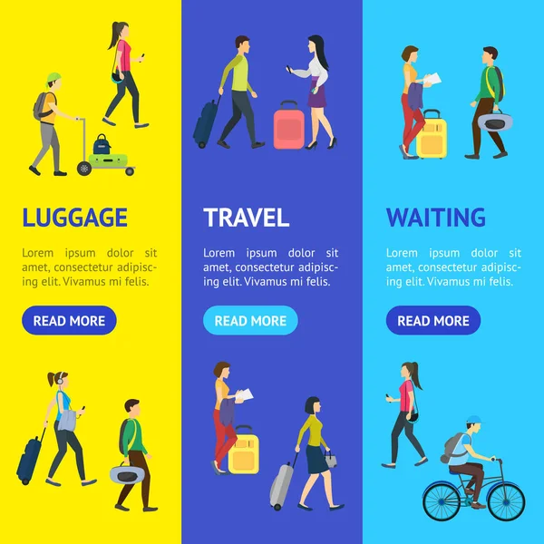 Cartoon People Traveling Banner (em inglês). Vetor — Vetor de Stock