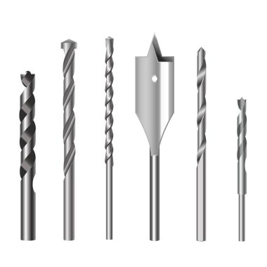 Gerçekçi 3d detaylı metalik Matkap burguları ayarlayın. Vektör