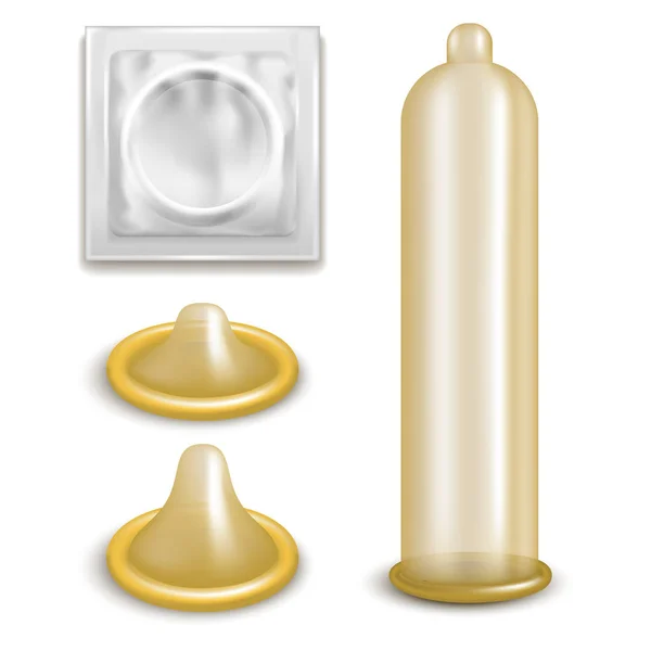 Realistisches 3D detailliertes Latex Kondom Set. Vektor — Stockvektor