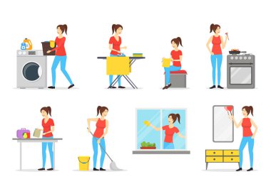Çizgi film renk karakter kadın ev kadını kümesi. Vektör