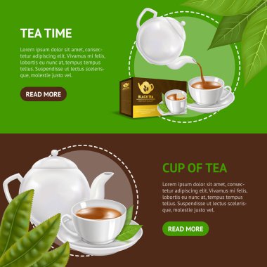 Gerçekçi detaylı 3d siyah çay afiş yatay seti. Vektör