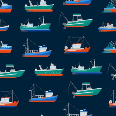 Tekneler Dikişsiz desen arka plan balıkçılık çizgi film. Vektör