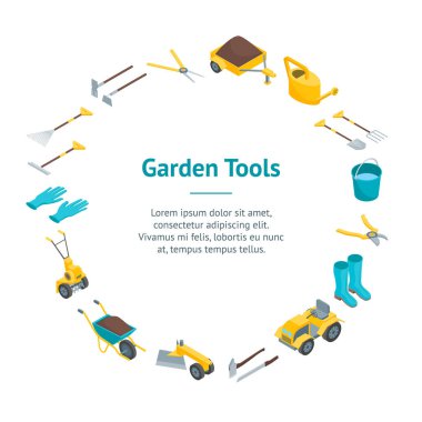 Bahçe 3d afiş kartı daire izometrik görünümü araçları. Vektör