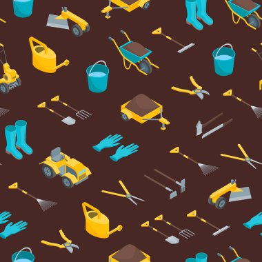 Bahçe 3d Dikişsiz desen arka plan izometrik görünümü araçları. Vektör