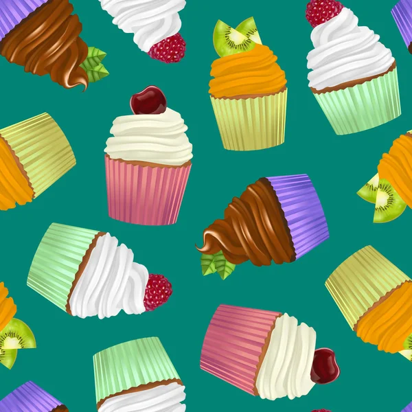 Realistic Detailed 3d Cupcakes Seamless Pattern Background. Vector — Stock Vector