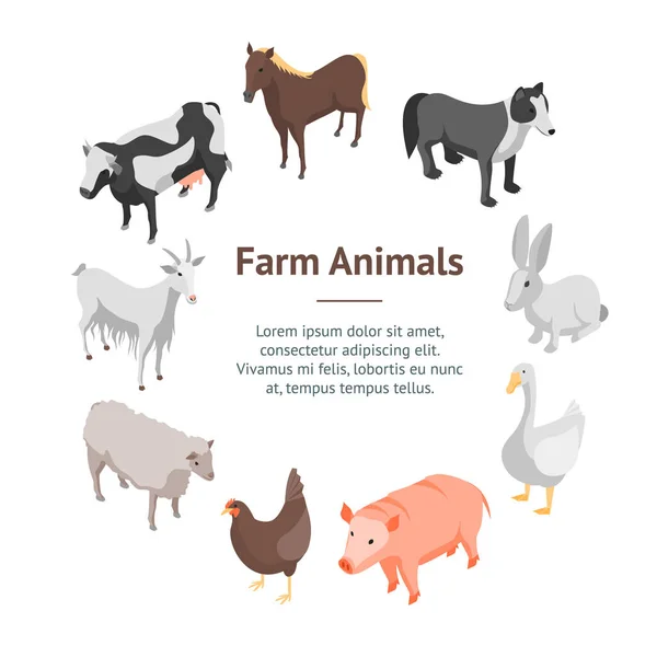 Animales de granja 3d Banner Card Circle Isométrico Vista. Vector — Vector de stock