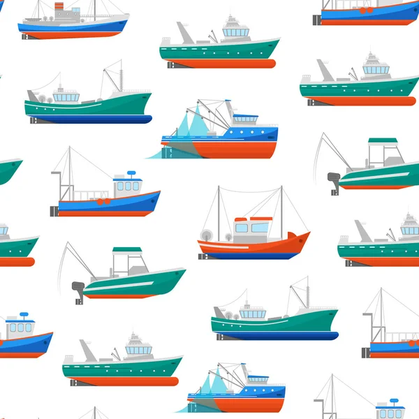 Cartoon Fischerboote nahtlose Muster Hintergrund. Vektor — Stockvektor