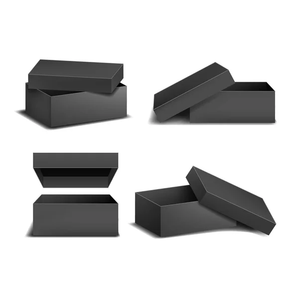 Realista detalhada 3d modelo em branco preto quadrado caixas Mock Up. Vetor — Vetor de Stock