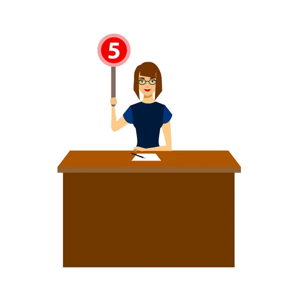 Cartoon Woman Judge Jury Character Showing atau Voting Hand Up. Vektor - Stok Vektor