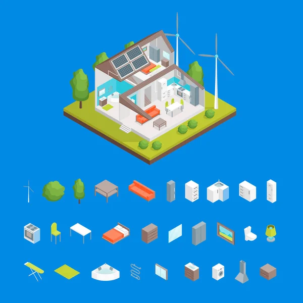 Sistema de células solares en el hogar y Elementos Concepto 3d Vista isométrica. Vector — Archivo Imágenes Vectoriales