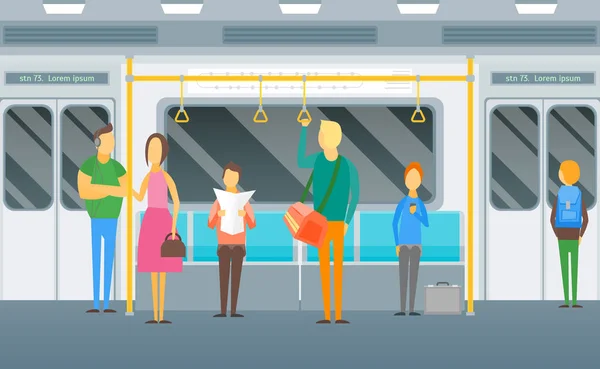 Cartoon Pessoas em pé no metrô Cartão de Trem Cartaz. Vetor —  Vetores de Stock