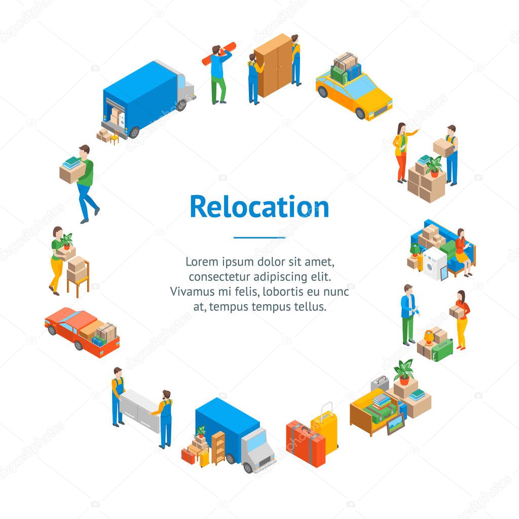 Relocation Service 3d Banner Card Circle Isometric View. Vector
