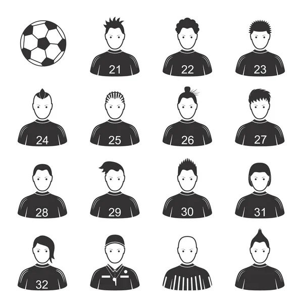 Cartoon Jogadores de futebol preto e conjunto de ícones de bola. Vetor — Vetor de Stock