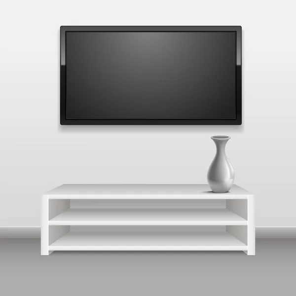 Realistische 3D detaillierte schwarze LED-Fernseher auf weißer Wand. Vektor — Stockvektor