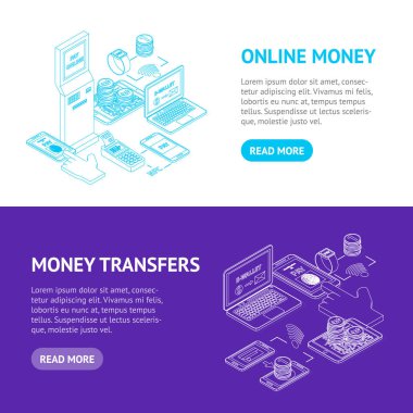 Online ödeme işaretleri 3d afiş yatay izometrik görünümü ayarla. Vektör