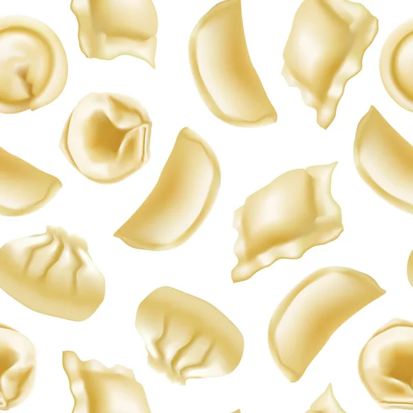 Réaliste Détaillée Différents Types Dumplings Seamless Pattern Contexte Délicieux Aliments — Image vectorielle