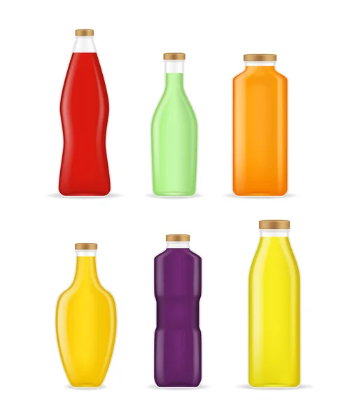 Realistiska detaljerade 3d olika typer Juice flaska glas in. Vektor — Stock vektor