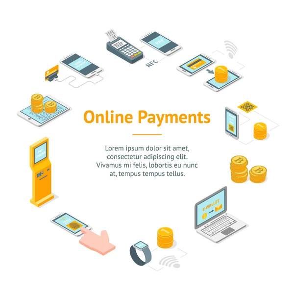 Online Payments Signs 3D Banner Card Circle Vista isométrica. Vector — Archivo Imágenes Vectoriales