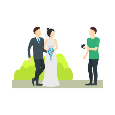 Çizgi film karakteri fotoğrafçı fotoğraf sahne yapar. Vektör