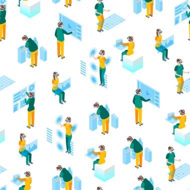 Sanal gerçeklik gözlük kavramı insanların Seamless modeli ile arka plan 3d izometrik görünümü. Vektör