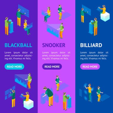 Sanal gerçeklik kavramı kişi ile gözlük 3d afiş Vecrtical Set izometrik görünümü. Vektör