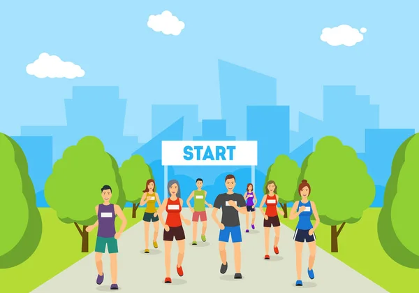 Cartoon Marathon Runners on Track in Park Card Poster. Vector — Stock Vector