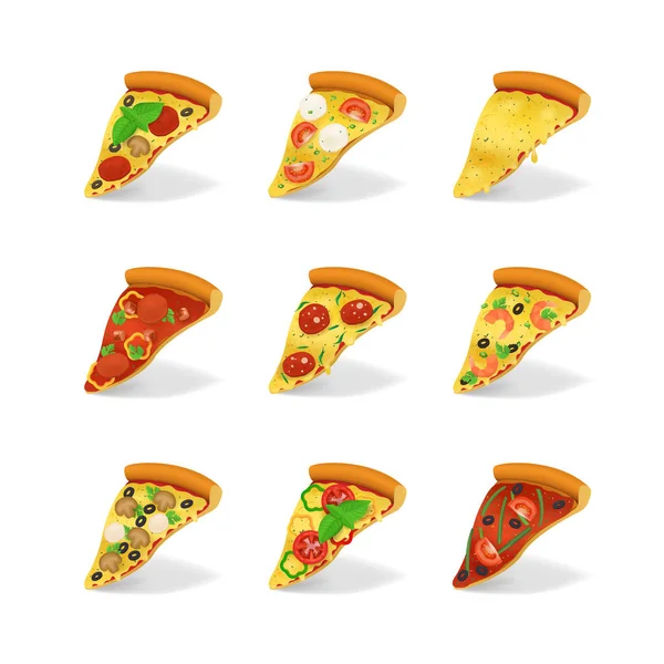 Realistische 3D detaillierte Pizzascheiben Set. Vektor — Stockvektor