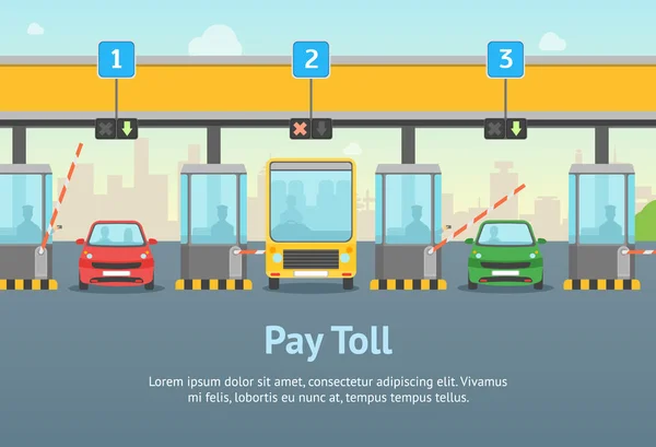 Cartoon Pay Road Affiche de carte à péage et texte. Vecteur — Image vectorielle