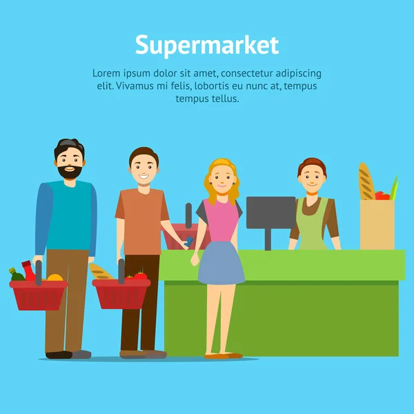 Caricatura de compras en el supermercado People Card Poster. Vector — Archivo Imágenes Vectoriales