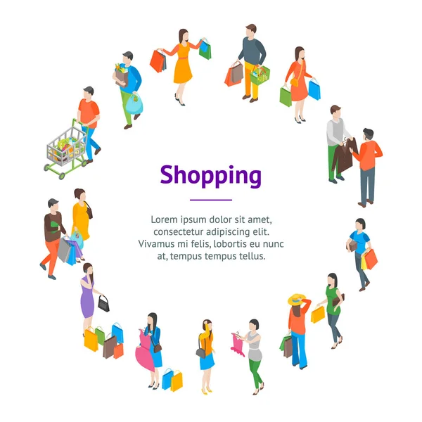 Compras Pessoas 3d Banner Card Circle Isometric View. Vetor — Vetor de Stock