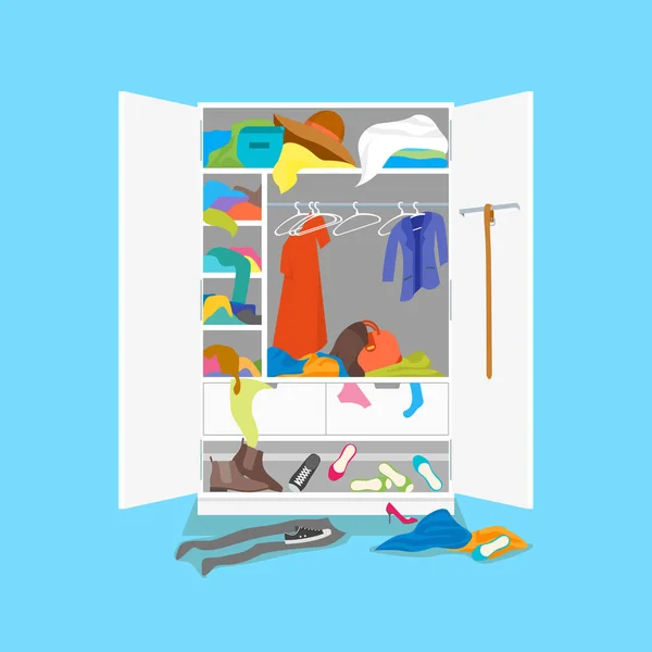 Cartaz de cartão de guarda-roupa desarrumado dos desenhos animados em um fundo azul. Vetor —  Vetores de Stock