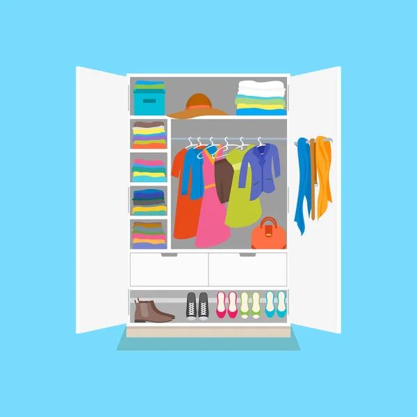 Cartaz de cartão de guarda-roupa de desenhos animados Tidy em um fundo azul. Vetor — Vetor de Stock