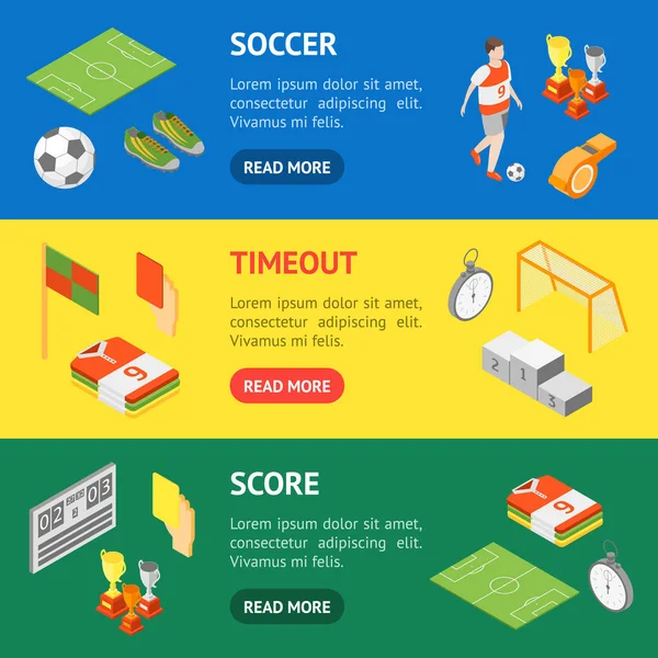 Fußball-Sport-Spiel Zeichen 3D-Banner horizontal eingestellt isometrische Ansicht. Vektor — Stockvektor