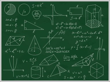 Yeşil Blackboard ince çizgi şekilleri ve yazıtlar ile matematiksel. Vektör