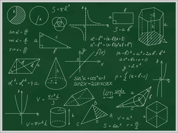 Matemática con las inscripciones y formas de la delgada línea verde pizarra. Vector de — Archivo Imágenes Vectoriales