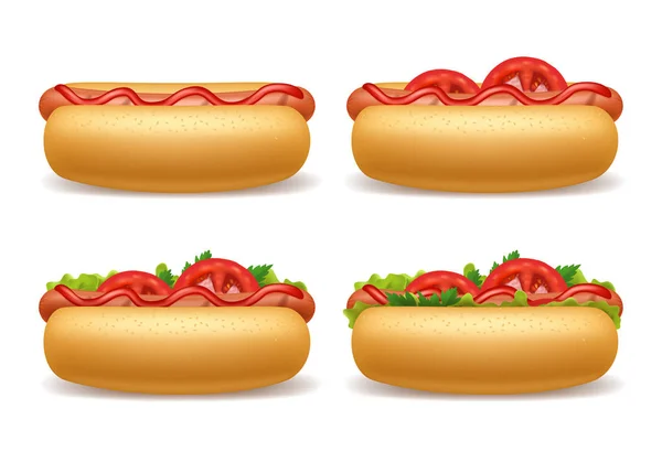 Realistische 3D detaillierte Hot Dogs verschiedenen Set. Vektor — Stockvektor