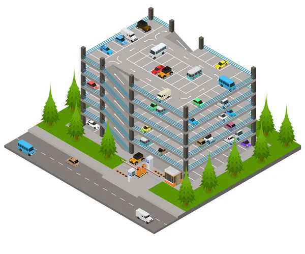 Multi Storey Parque de estacionamento Conceito 3D Vista Isométrica. Vetor —  Vetores de Stock