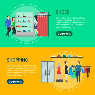Çizgi film Grup karakter insanlar giyim mağazası yatay Set afiş. Vektör
