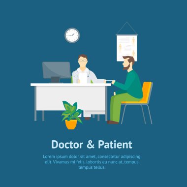 Çizgi film doktor ve hastane kartı Poster insanlarda hasta karakter. Vektör