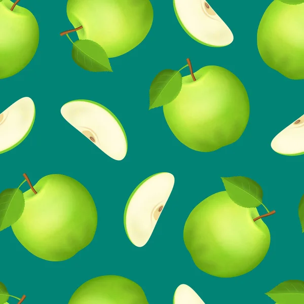 Realistische gedetailleerde 3D-hele groene appel en Slice naadloze patroon achtergrond. Vector — Stockvector