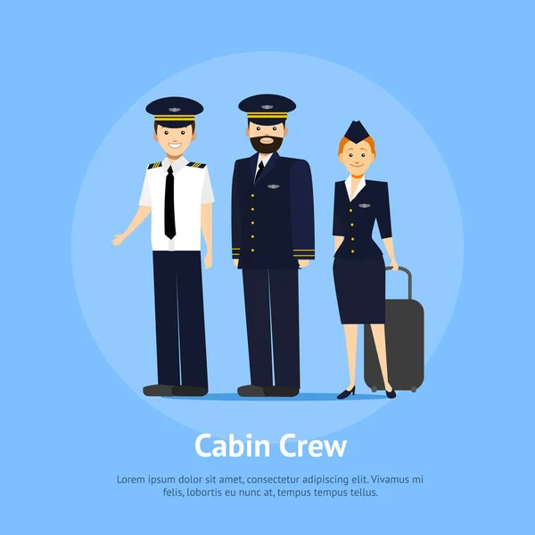 Cartaz de cartão dos membros da tripulação de aviação dos desenhos animados. Vetor — Vetor de Stock