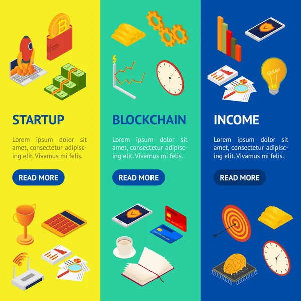 Blockchain signes de démarrage 3d bannière vectorielle ensemble vue isométrique. Vecteur — Image vectorielle