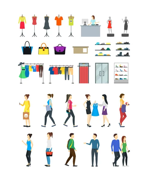 Personajes del Grupo de Dibujos Animados People in Clothing Store Set. Vector — Vector de stock